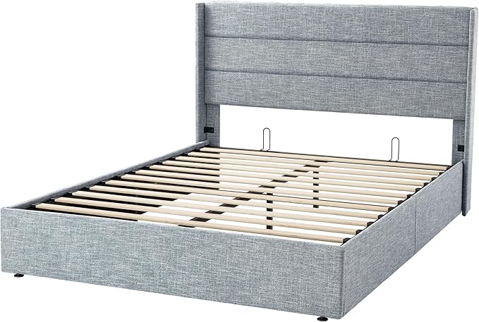 Allewie Queen Size Lift Up Storage Bed, Modern Wingback Headboard, Hydraulic Support, No Box Spring Needed, Grey Blue