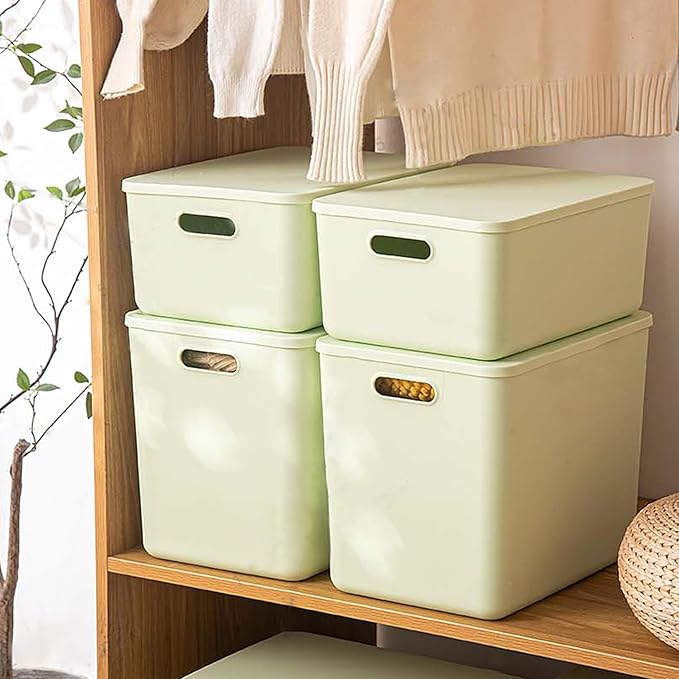 4 pack large plastic White storage bins Baskets, Toy Box Chest with Lids and Handle，Organizer Containers for Baby，Kids,snacks,Nursery，Shelves，Playroom, Bedroom，Office,Closet，home