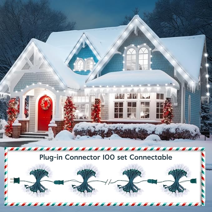 Brightown C9 LED Christmas String Lights, 33ft 50 LED Waterproof Strawberry String Lights, Plug-in Extendable Green Wire Lights String for Outdoor Indoor Patio Party Decoration (White)