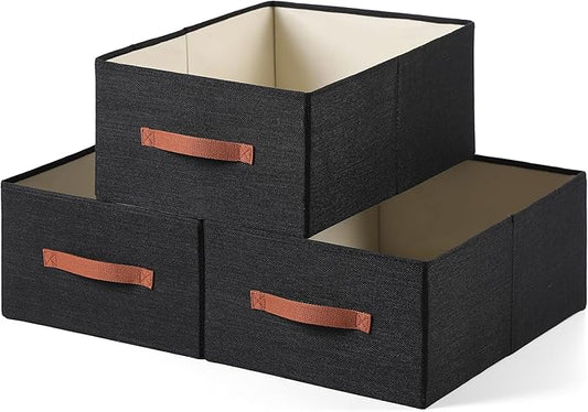linen closet organizers and storage, 3 Pack Large Storage Baskets, Washable, Clothing Storage Bins with Handle, Closet Organizer for Storage Sweater,Sheets (Black, 18½"x13½"x8½")
