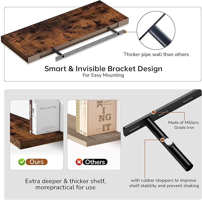 Fun Memories Floating Shelves - 2 Pack 12 Inch Rustic Wooden Wall Shelves - Extra Deeper & Thicker Wall Mounted Storage Shelf for Living Room, Kitchen, Farmhouse - 36" W x 12" D x 1.8" H - Brown