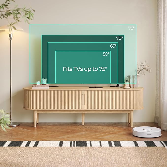 LINSY HOME Fluted TV Stand for 75" TV, Mid-Century Modern 70" Entertainment Center with Sliding Tambour Door and Storage Cabinet, Cruved TV Media Console Table for Living Room, Bedroom, Oak