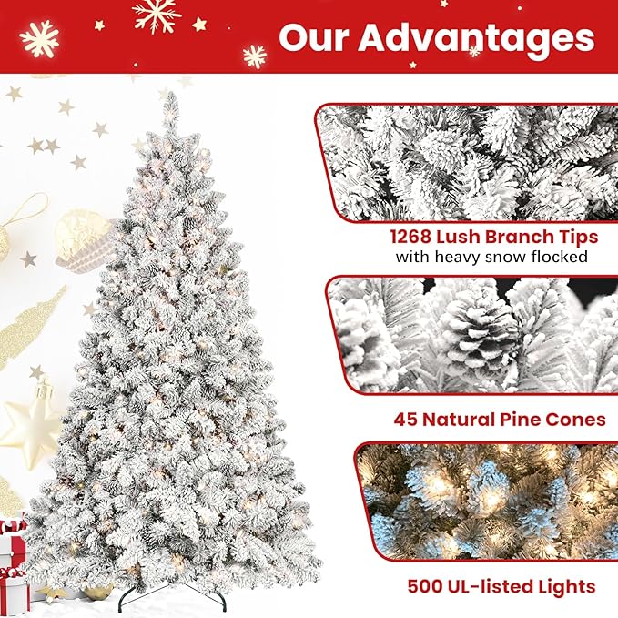 7ft Prelit Flocked Christmas Tree, Frosted Artificial Christmas Tree with 500UL Lights, Pine Cones & 1124 Tips, Auto Hinged Easy Setup Full Prelighted Fake Christmas Tree