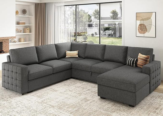 HONBAY Sectional Sleeper Sofa with Pull Out Bed U-Shape Sectional Couch Sleeper Bed with Storage Chaise 6 Seater, Light Grey