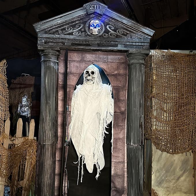 Haunted Hill Farm 6.7-Ft Animatronic Mausoleum by Tekky, Halloween Animatronic, Spooky House Wall Decoration, Creepy Indoor & Covered Outdoor Party Decor Motion-Activated Lights & Sound, LifeSize