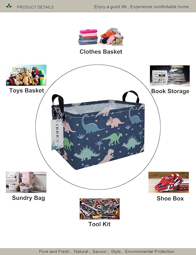 Rectangular waterproof laundry basket,foldable storage basket,laundry Hampers with handle,gift basket,suitable for children's room and toy storage (Blue Dinosaur)