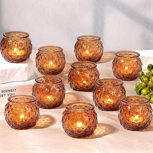 Amber Votive Candle Holders Set of 24 - Round Glass Candle Holders for Table Centerpiece, Tea Lights for Home & Vintage Wedding Decorations