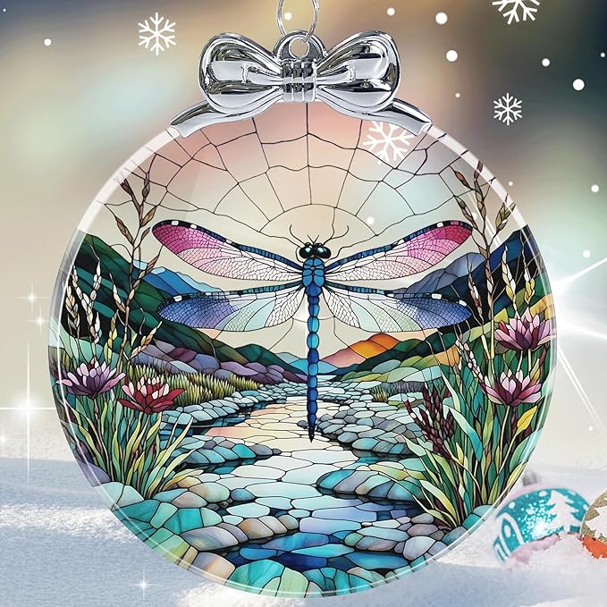 Dragonfly Stained Glass Christmas Ornament - Hanging Ornaments for Christmas Tree Decorations -Holiday Keepsake Present Exchange Idea