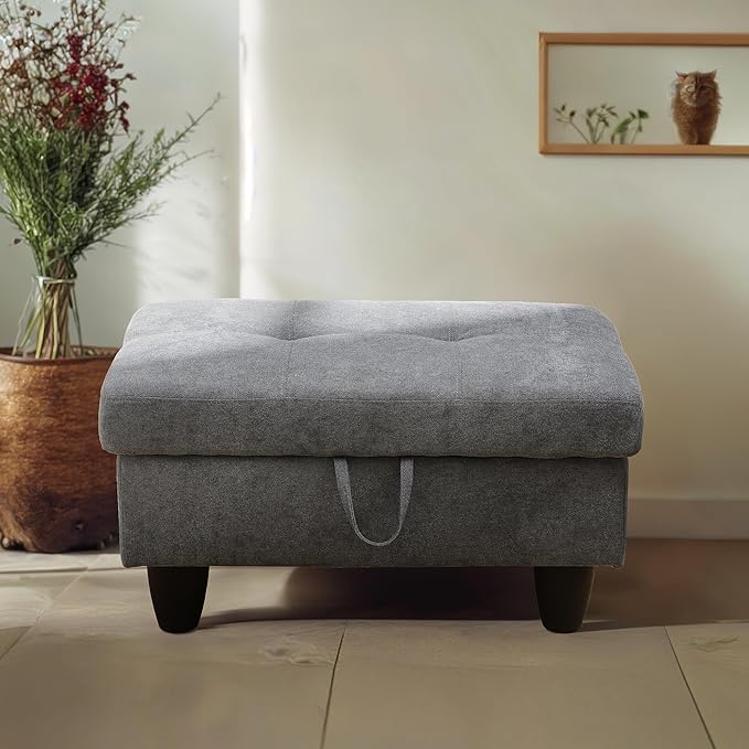 Ottoman Rectangular Storage Ottoman Bench, Flannel Footrest Stool Footstool with Lid for Living Room, Bedroom, Entryway, Dark Gray, 28.5"x19"x17.5"