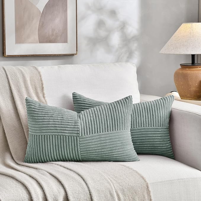 Fancy Homi 2 Packs Grey Blue Long Lumbar Decorative Throw Pillow Covers 16x24 Inch for Couch Bed Sofa, Rustic Farmhouse Boho Home Decor, Soft Striped Corduroy Rectangle Accent Cushion Case 40x60 cm