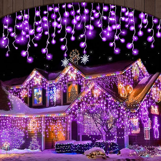 YiYLunneo Halloween Icicle Lights Outdoor, 512 LED 46.5 FT 8 Lighting Modes with Timer & Memory, Curtain Fairy String Lights with 96 Drops for Halloween Decorations Holiday Party Eaves Yard (Purple)