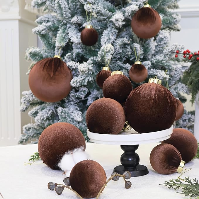 6inch Big Brown Velvet Christmas Ornaments, 2pcs Flocked Ornaments Balls Sets for Christmas Tree Decorations