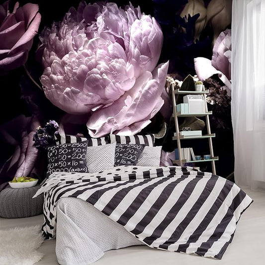 '-Black Peony Purple Floral Botanical Fabric Wallpaper Living Room Bedroom Bathroom Dark Flowers Wall Mural- 91"x65"（ not Peel and Stick）