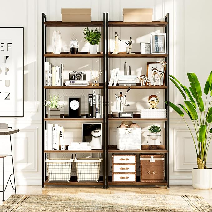 NUMENN Bookshelf, 6 Tier Bookshelves, Home Office Bookcase Shelf Storage Organizer, Free Standing Storage Shelving Unit for Bedroom, Living Room and Home Office, Vintage