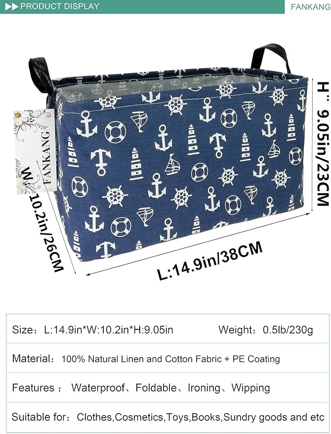 FANKANG Storage Basket,Nursery Hamper Canvas Laundry Basket Foldable with Waterproof PE Coating Storage, Office, Bedroom, Clothes,Toys (Rec-Sailboat)