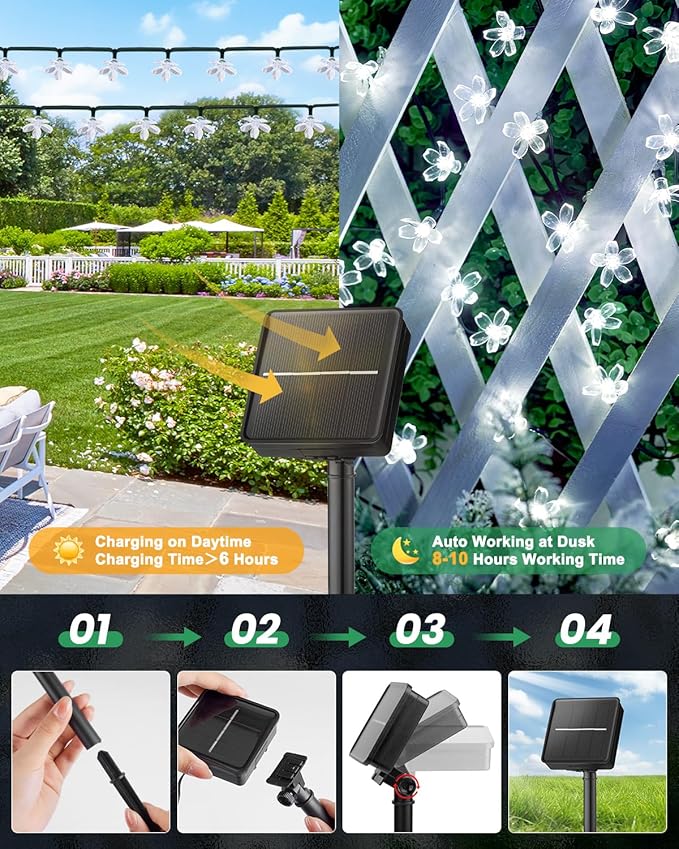 Brightown 60 LED Solar Flower String Lights Outdoor Waterproof Fairy Lights for Garden Yard Fence Patio Christmas Tree Wedding Party Decor, Pure White