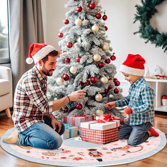 48" Large Christmas Tree Skirt, Nutcracker Candy Pattern Tree Mat Base Cover for Xmas Festive Holiday Party Decoration Ornaments