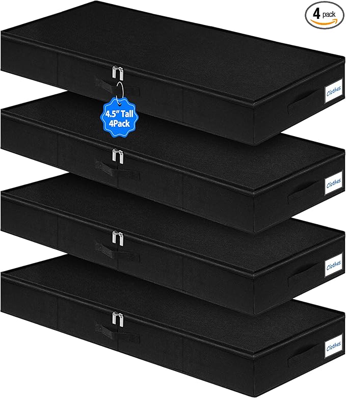 Under Bed Storage Containers, Low Profile Underbed Zipper Storage Bin 4.5 Inches Tall, Shallow Under Bed Storage with Sturdy Side & Bottom Support, Linen Storage with Lid for Sofa and Dorm, 4Pcs Black