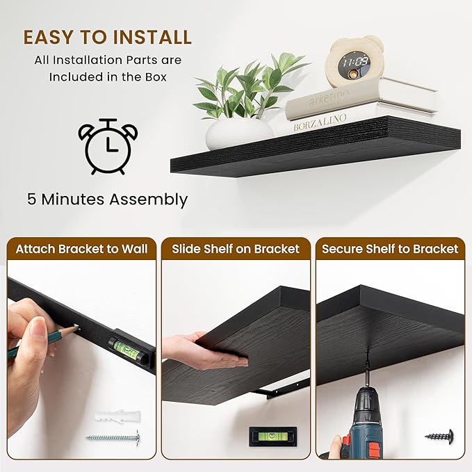 Fun Memories 55 Inch Fireplace Mantel Shelf -Long Floating Shelves, Deep Wall Mounted Farmhouse Display Shelves with Invisible Heavy Duty Metal Bracket, Black, 2 Pack