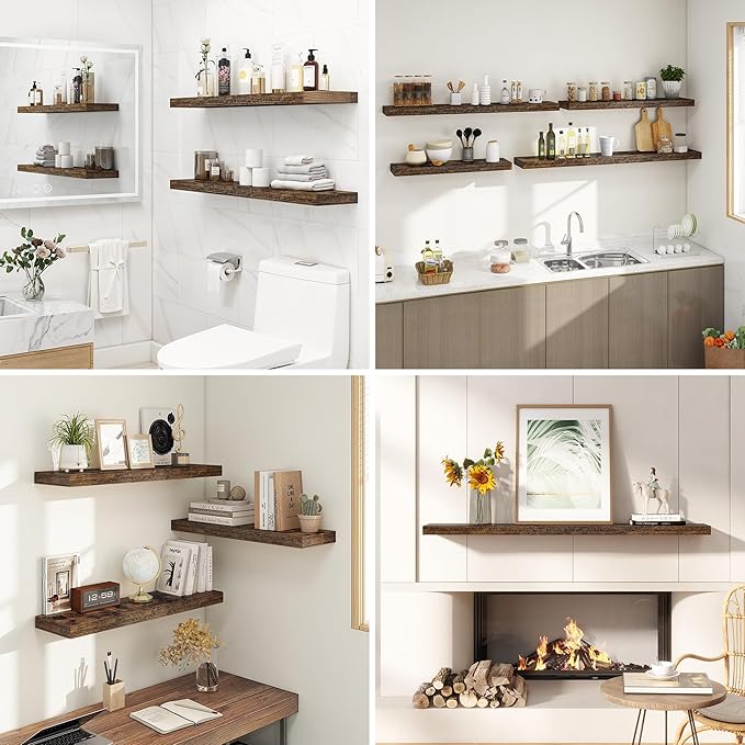 Dreamland 32 Inches Floating Shelves for Wall, 9.3" Deep Long Floating Shelves Set of 2, Large Display & Storage Shelf, Wall Shelf for Bathroom Bedroom Living Room Kitchen Office, Rustic Brown