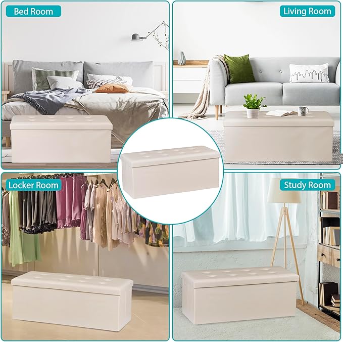 SUPER DEAL Folding Ottoman Bench with Storage, 43 Inch Padded Seat Footrest Shoes Bench for Bedroom Living Room Entryway, 660 lbs Capacity 43"x 15"x 15", Faux Leather, Beige