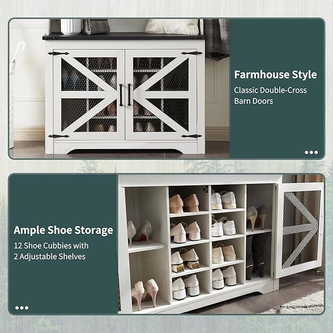 JXQTLINGMU 42" Farmhouse Hall Tree with Shoe Storage, Entryway Bench with 12 Cubbies, 7 Hooks & Barn Doors, Mudroom Coat Rack Cabinet, Off White