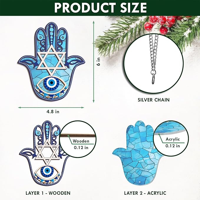 FLAGWIX Hanukkah Gifts for Men, Women - Christmas, Birthday Gifts for Mom, Friends, Hamsa Hand Home Decor, Good Luck, Spiritual, Housewarming Gift Ideas - Single Window Suncatcher Hanging Decorations