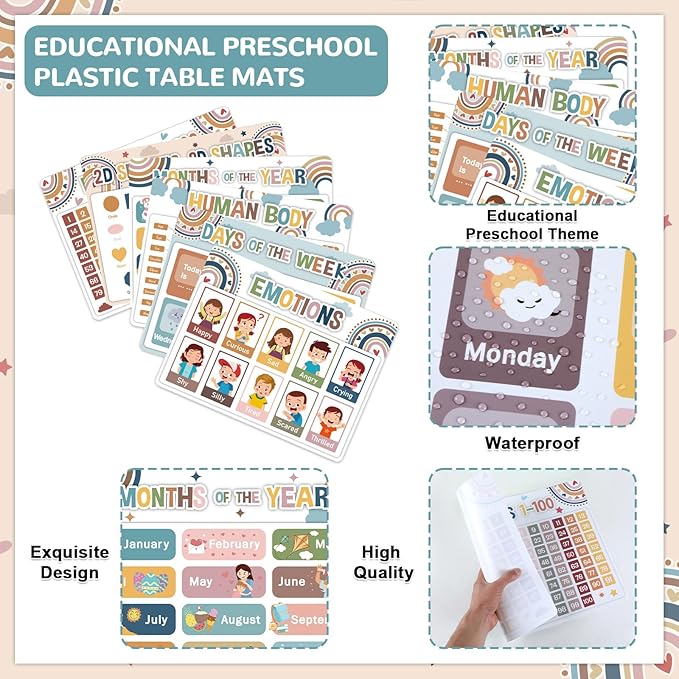 Educational Preschool Kids Placemats Set of 6 Boho Toddler Montessori Plastic Table Mats Non Slip Reusable Kids Place Mats Washable Table Decoration for Indoor Outdoor Party Kitchen Dining