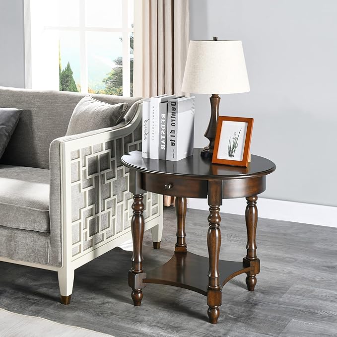 MODERION Oval End Table with Drawer, Solid Wood Sofa Side Table with Storage Shelf, Traditional Living Room Corner Table, Nightstand, Easy Assembly 28” x 22” x 24” Retro Walnut CJZ2233DC