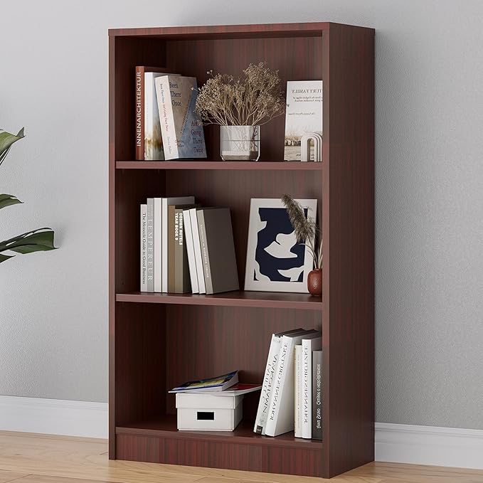 Bookshelf, Open Modern Bookshelf, 3 Shelf Bookcase with Freestanding Display Storage, Wooden Book Shelf for Bedroom, Living Room, Dinning Room, Office,Deep Brown