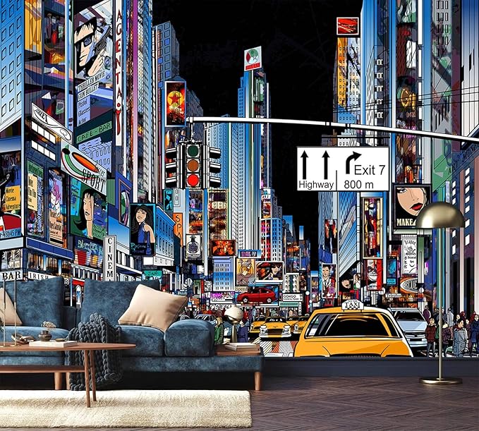 AFZEVEB-Hand-Painted New York City Wallpaper Wall murals for Bathroom 114"x74" (Not Peel and Stick)