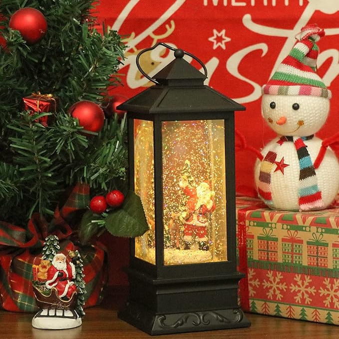 Eldnacele Christmas Snow Globe Lantern with Music, Battery Operated Lighted Swirling Glitter Water Lantern with Timer for Christmas Home Decoration, Santa