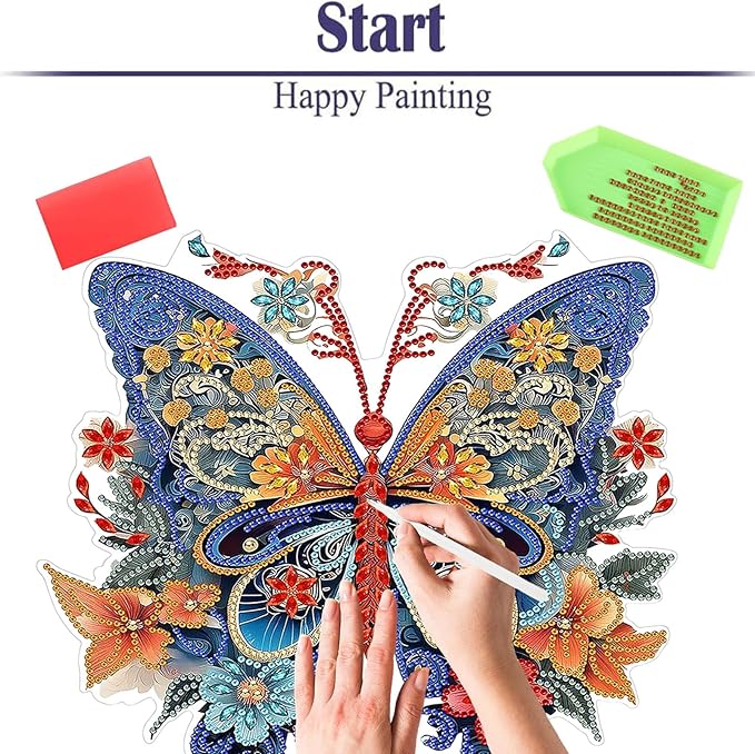 Diamond Painting Kits for Adults Beginners, 5D Full Drill Flowers and Butterfly Crystal Art Desktop Ornament, DIY Single Sided Home Office Desk Decor, Creative Craft Gift Set with Tools