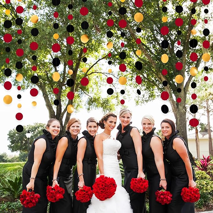 Gold Black Red Party Decorations Circle Dots Streamer Hanging Paper Polka Dots Garland for Graduation Birthday Wedding Anniversary Baby Shower Holiday Pirate Poker Casino Las Vegas Party Supplies