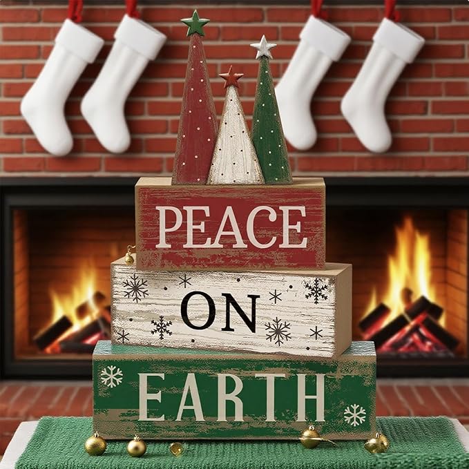 4 Pcs Christmas Table Decoration Wooden Christmas Tree Sign Winter Tiered Tray Decor Decorative Red Green and White Tree Block Signs Xmas Table Centerpiece Farmhouse Decor for Home Kitchen