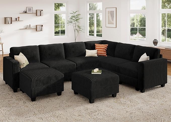 HONBAY Corduroy Sectional Couch with Storage U Shaped Sectional Sofa Modular Sectional Couches for Living Room, Black