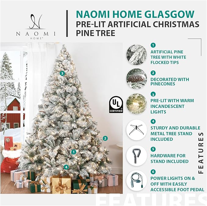 Glasgow 6.5ft Frosted Prelit Artificial Christmas Tree with Pine Cones, Foot Pedal, 1040 Branch Tips, 650 Warm Lights & Metal Stand, 56" Wide Realistic Snow Flocked Pine Christmas Tree with Lights