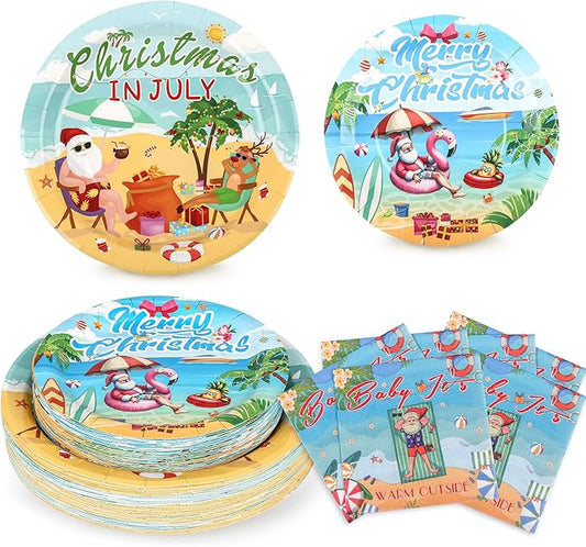 150Pcs Christmas in July Party Decorations Plates Napkins Summer Tropical Hawaiian Christmas Santa Beach Paper Plates for Christmas in July Beach Pool Party Supplies,Serves 50
