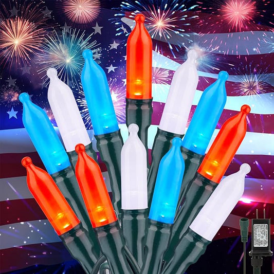 Red White Blue LED Lights - 100 Count 4th July Decoration Connectable Patriotic Mini String Lights Waterproof for Indoor Outdoor Xmas Holiday Party Patio Independence Day Decoration