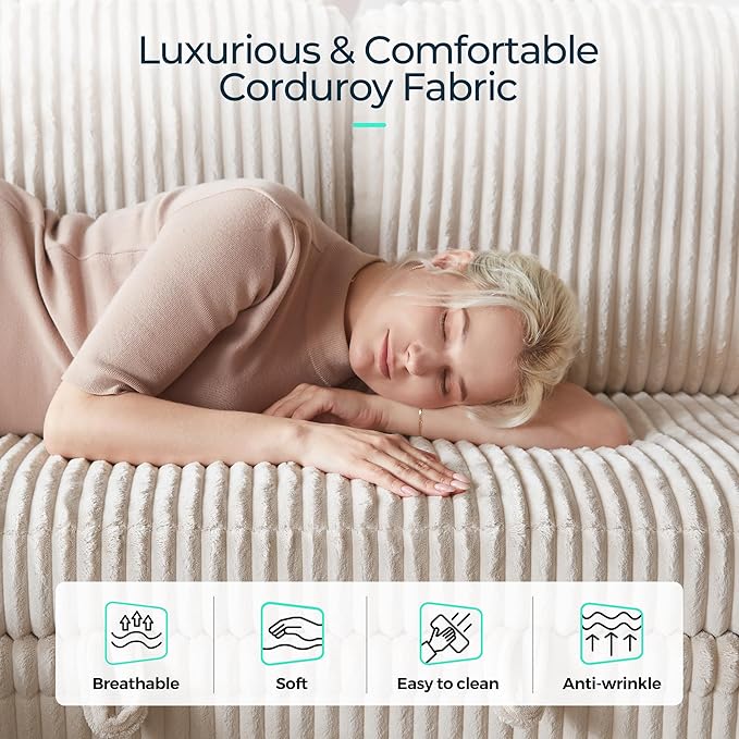 LINSY HOME Loveseat Sofa with Storage - Comfy Plush Corduroy 2 Seater Sofa with USB Charging & Cup Holders, Deep Seat Love Seat for Small Spaces Living Room Bedroom Apartment, Beige