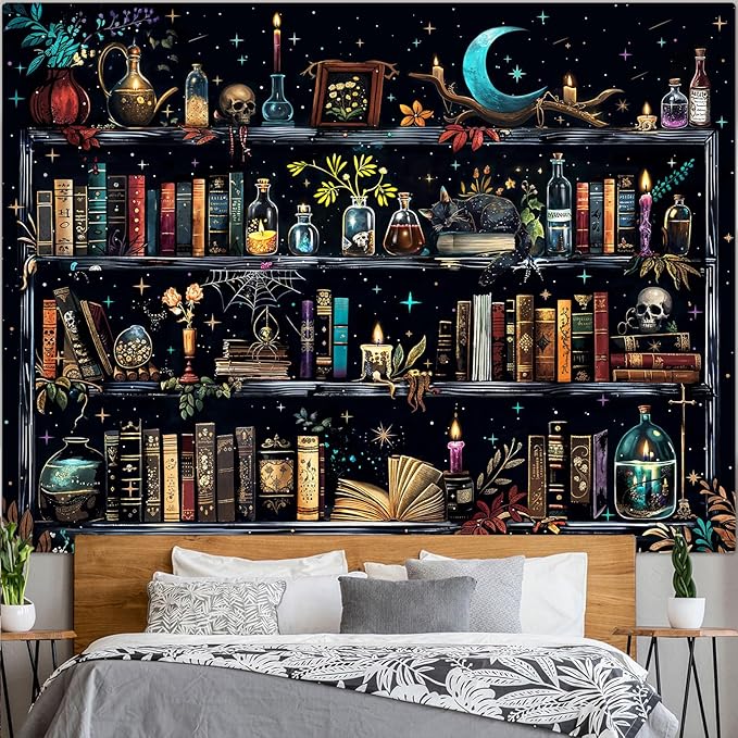 Accnicc Magic Bookshelf Tapestry Magical Witchy Potion Dark Hippie Haloween Tapestries Wall Hanging Gothic Skull Black Cat Library Book Large Tapestry for Bedroom Living Room Dorm 90 x 68 inch