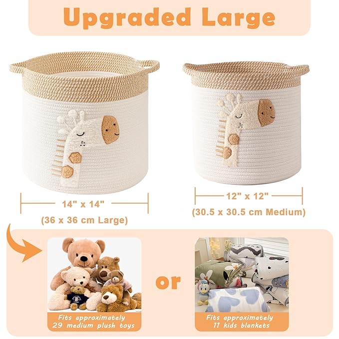 Large Blanket Baskets for Living Room Decor, Toy Storage Baskets Woven Cotton Rope Storage Basket for Kids, Dog Toys Organizer Clothes Hamper with Embroidery Decor for NurseryLaundry (Large, Giraffe)