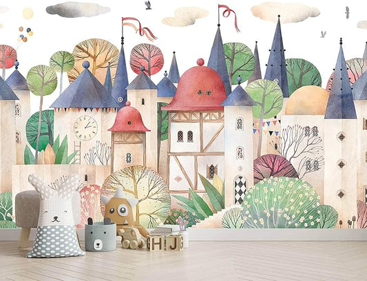 AFZEVEB-Cartoon Watercolor House Nursery Wallpaper Wall murals for Kids Room 136"x96" (Not Peel and Stick)