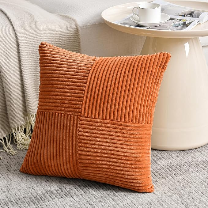 Fancy Homi 2 Packs Burnt Orange Big Decorative Throw Pillow Covers 24x24 Inch for Living Room Couch Bed, Farmhouse Boho Home Decor, Soft Corss Corduroy Patchwork Accent Square Cushion Case 60x60 cm