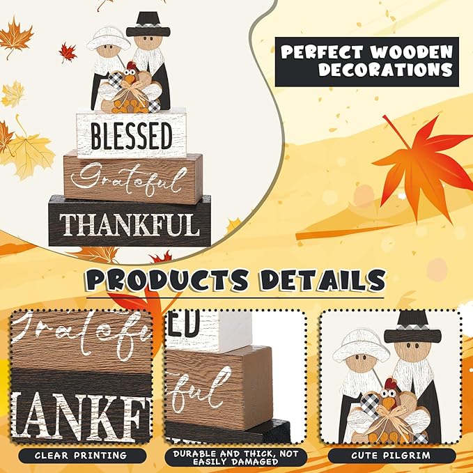 4 Pcs Fall Thanksgiving Table Decor for Home Pilgrim Couple Wooden Signs with Blessed Thanksgiving Autumn Tiered Tray Decor Turkey Tabletop Centerpiece Grateful Block Signs for Office Kitchen Shelf