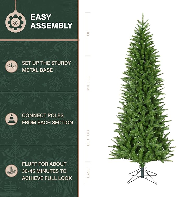 Fraser Hill Farm 7.5-Ft. Winter Falls Slim Artificial Christmas Tree with Stand and No Lights, Unlit Foldable Christmas Tree with Realistic Foliage for Home Decoration
