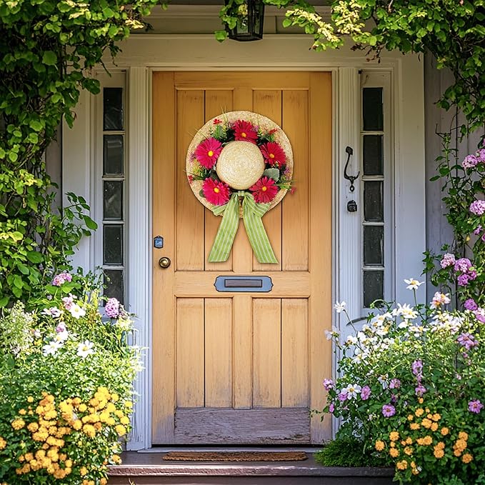 Dilicoming Spring Wreaths for Front Door - 16 Inch Spring Summer Hat Wreath with Artificial Flower, Gift for Women, Indoor Outdoor Wreaths for Wall, Window, Farmhouse, Party, Holiday Home Décor