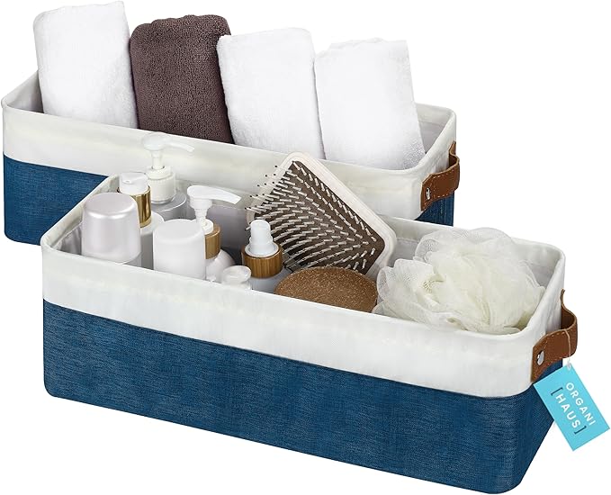 OrganiHaus Narrow Storage Bins 15x06in, Small Closet Bins for Shelves, Bathroom Storage Baskets for Shelves, Narrow Baskets, Fabric Organizer with Handles, Toilet Paper Organizer - 2 Pack, Navy Blue