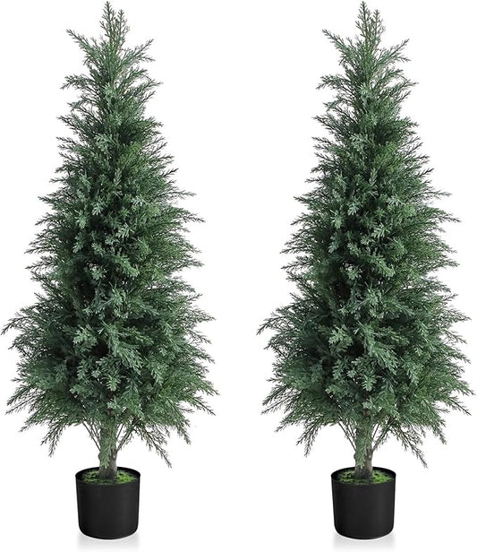 Artificial Cedar Topiary Trees 4FT Set of 2 Lifelike Faux Evergreen Cypress Bushes UV Resistant Outdoor Christmas Trees Realistic Potted Plants for Indoor Outdoor Decor