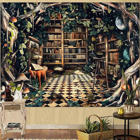 Accnicc Fantasy Forest Bookshelf Tapestry Witchy Fairy Tree Mushroom Retro Backdrop Tapestries Wall Hanging Vintage Library Book Tapestry for Bedroom Living Room Dorm 80 x 60 inch